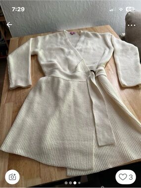 Women's Cream Ribbed Wrap Sweater Dress